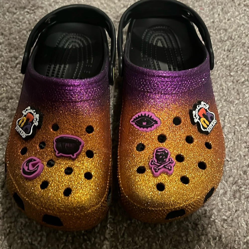 CROCS Purple to Gold Glitter Ombre Jibbitz Clog Mules